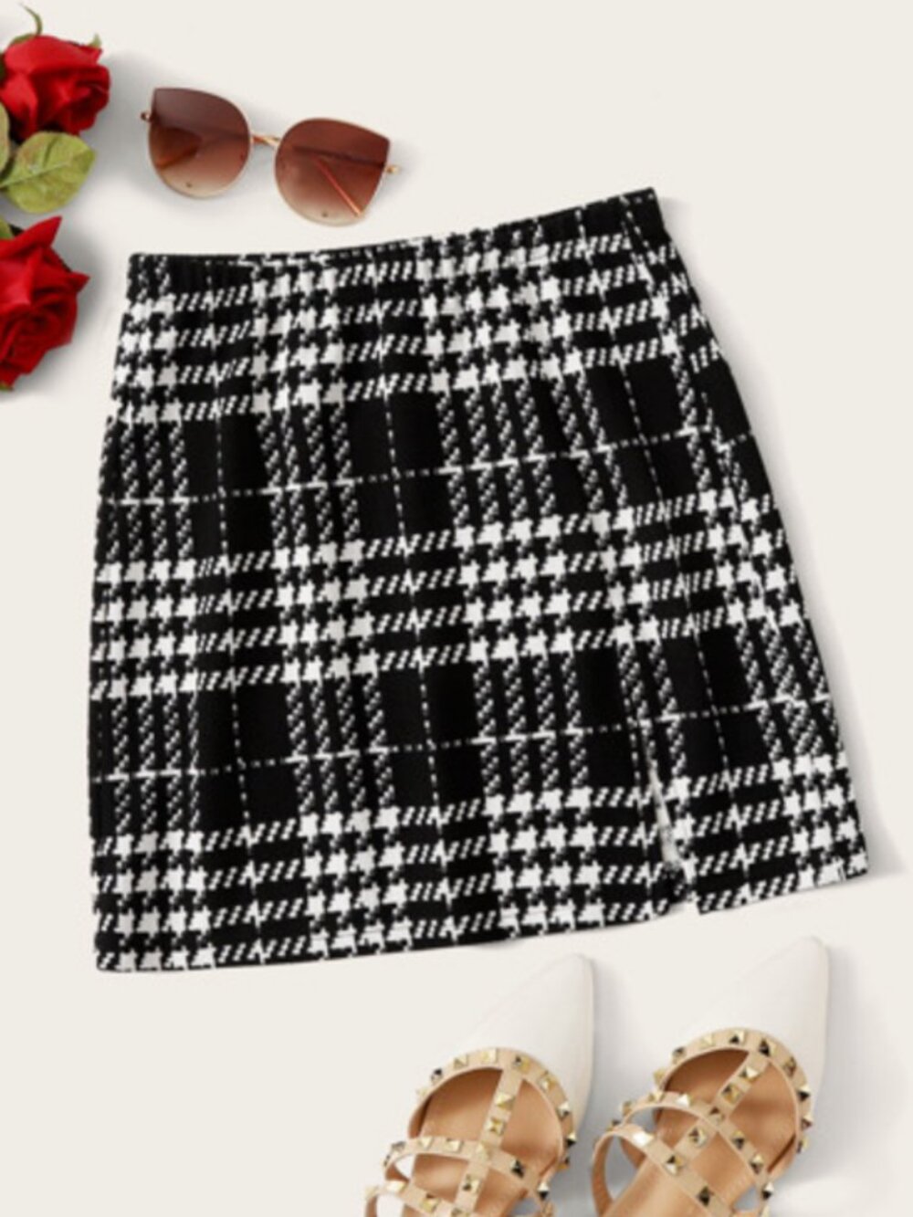 Plaid Black & White Stretch Mini Slit Skirt 2XL